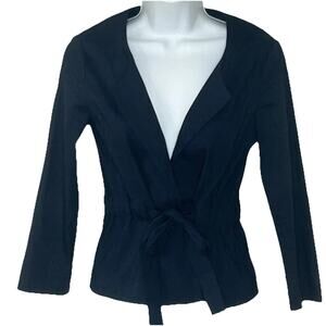 Theory Linen Blazer Jacket 2 Navy Blue Tie Belt Business Office Quiet Luxury